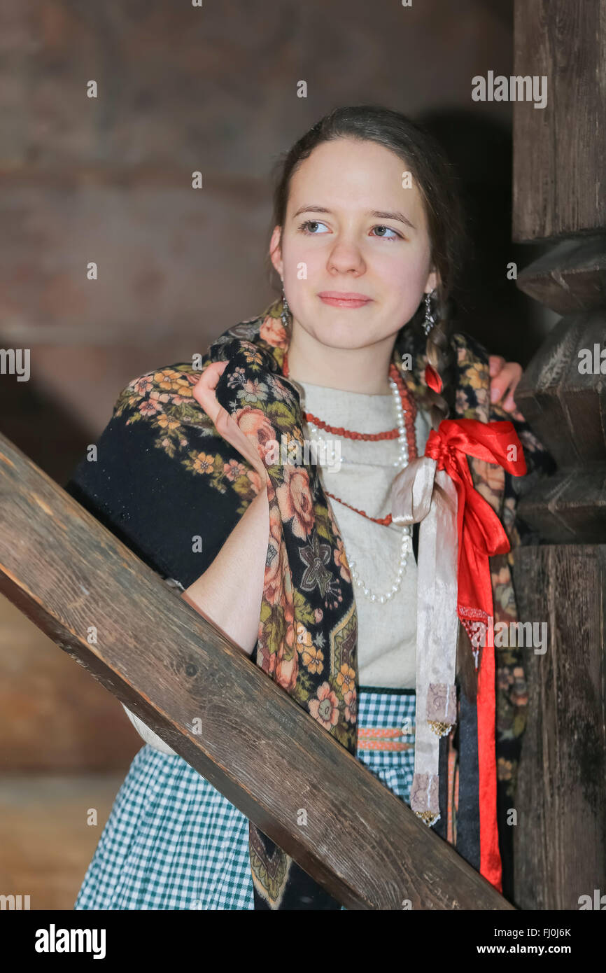 Young Russian Woman In A Traditional Russian Headscarf Moscow Russia