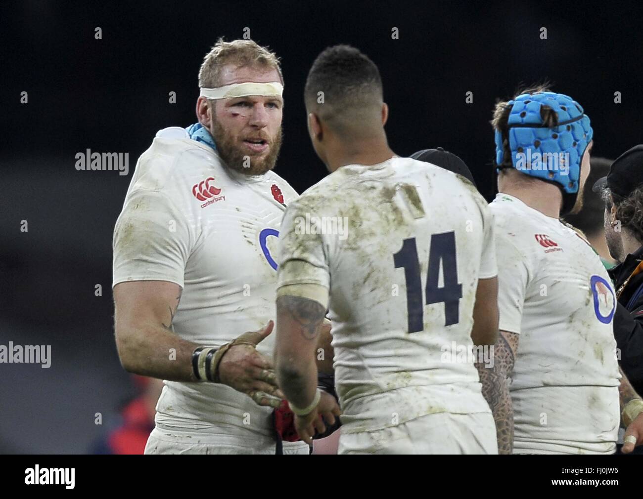 London, UK. 27th Feb, 2016. James Haskell (England) and Anthony Watson (England) at the end of the game. England v Ireland. RBS 6 Nations. Twickenham Stadium. Twickenham. London. UK. 27/02/2016. Credit:  Sport In Pictures/Alamy Live News Stock Photo