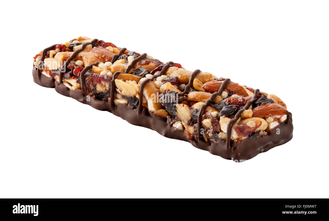 Chocolate Energy Bar with Fruits and Nuts.The ingredients include almonds, cashews, cherries, raisins, cranberries, and honey. Stock Photo