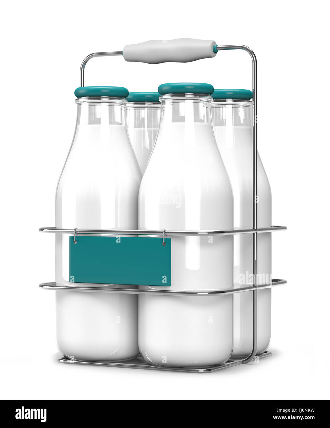 Four glass bottles of milk with light blue caps in a metal carrying case with holder and a display on front isolated on white ba Stock Photo