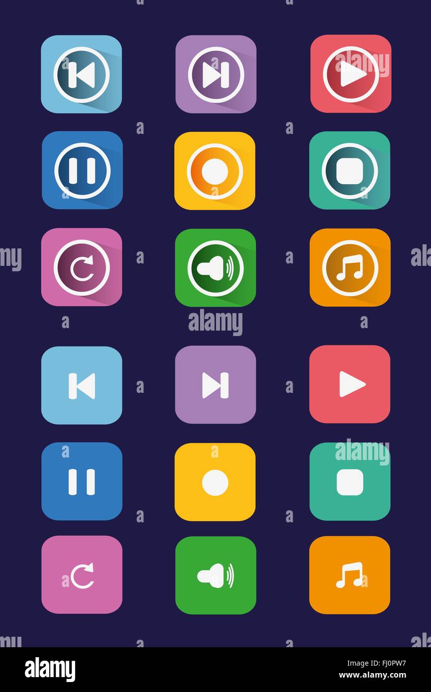 Flat icon set. Colorful multimedia UI buttons set. Digital background ...