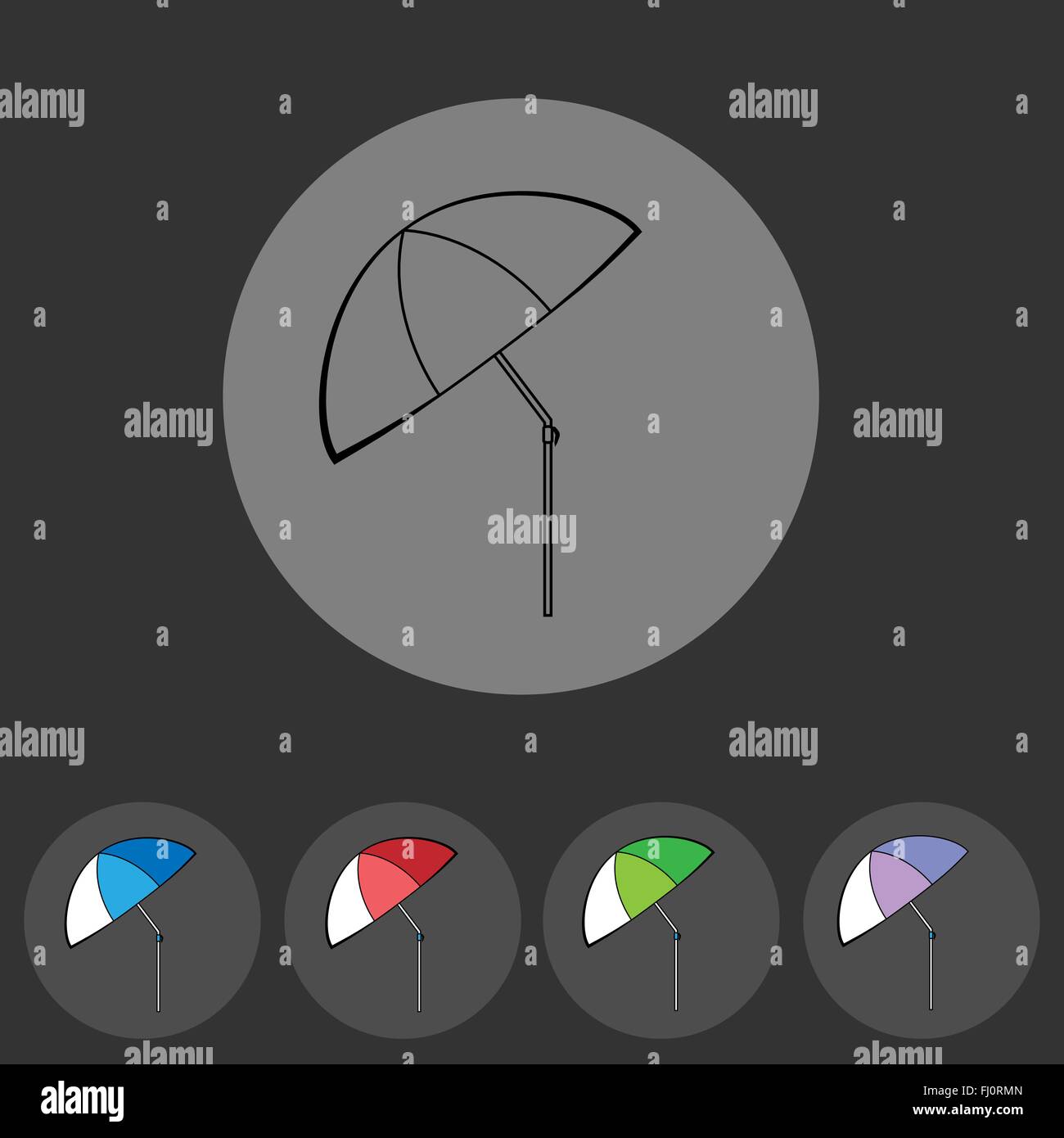 Colorful flat umbrella icon set isolated on the black backdrop. Digital ...