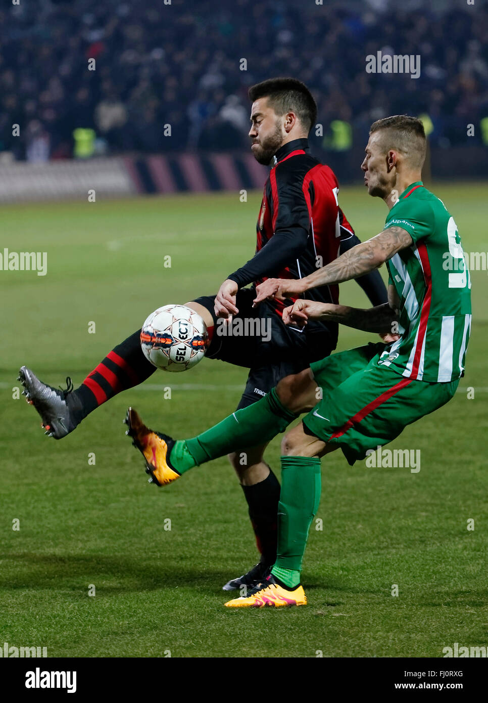 BUDAPEST, HUNGARY - JULY 12: (r-l) Roland Varga of Ferencvarosi TC hugs  goal scorer Stefan