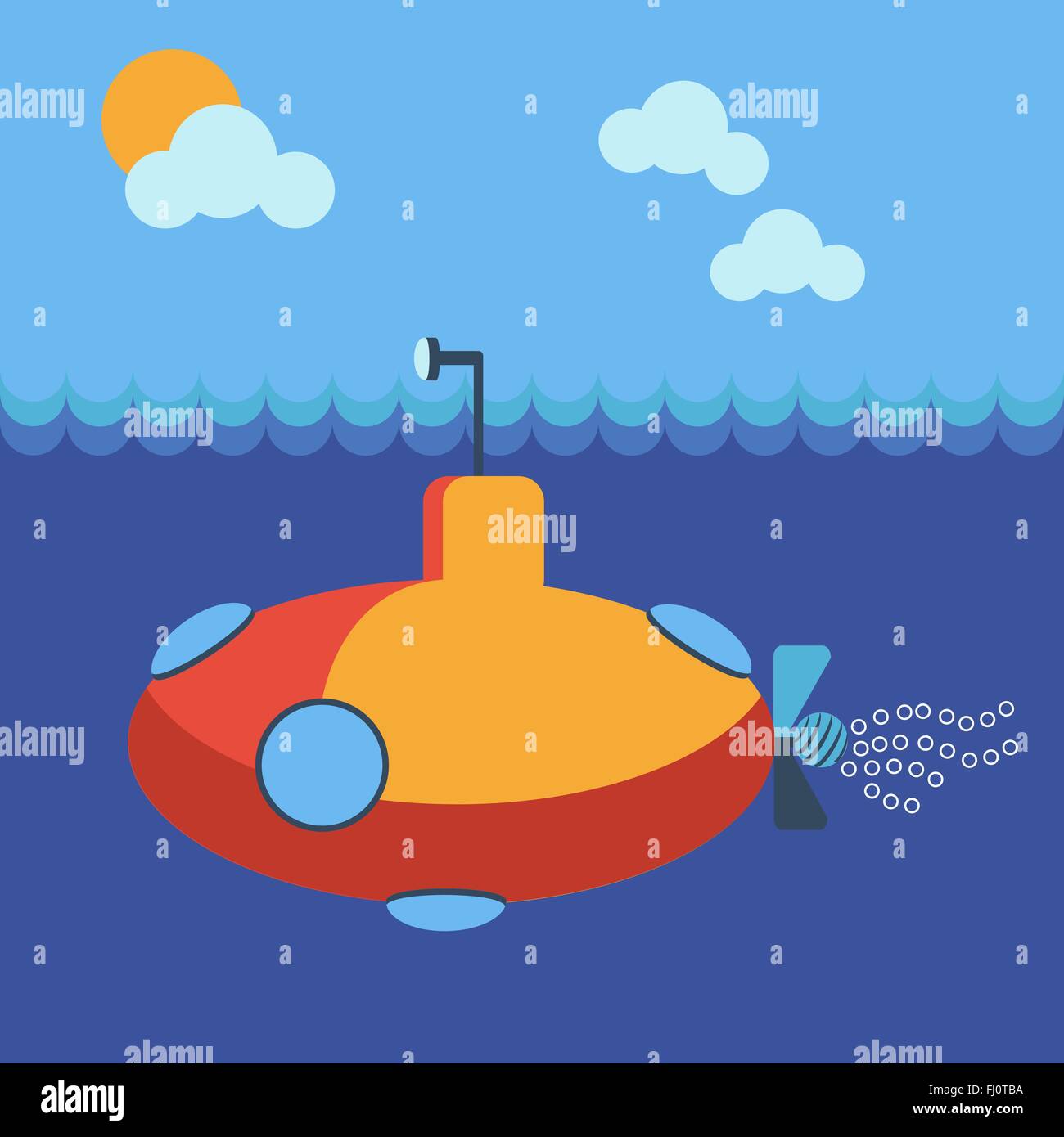 Yellow submarine underwater side view. Kids book picture. Digital background vector illustration. Stock Vector