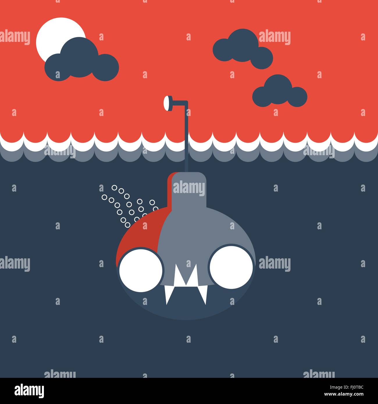 Gray submarine underwater front view. Kids book picture. Digital background vector illustration. Stock Vector
