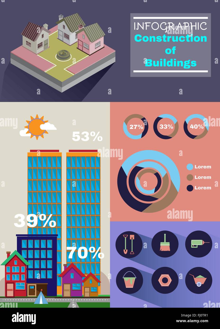 Pie chart percentage diagram. Buildings construction infographic vector illustration
