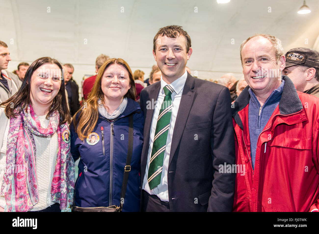 Ballincollig, Ireland. 27th February, 2016. Pictured at the 2016 General Election count in Coláiste Choilm, Ballincollig before the announcement of the first count were: Caitriona O'Leary; Shelia O'Leary; Fianna Fáil Candidate Aindrias Moynihan and Noel Murphy. Credit: AG News/Alamy Live News Stock Photo