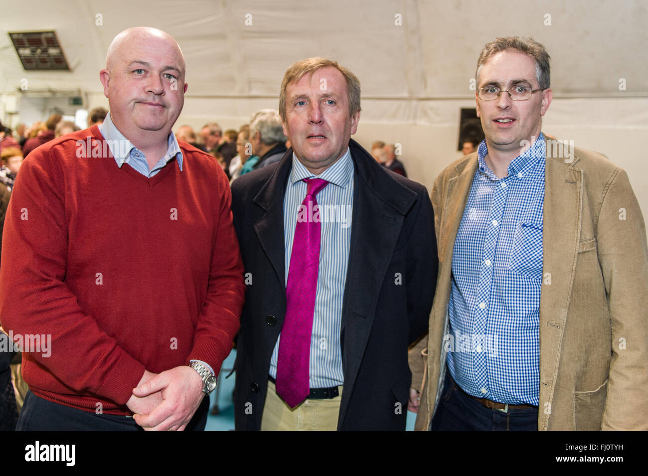 Ballincollig, Ireland. 27th February, 2016. Pictured at the 2016 General Election count in Coláiste Choilm, Ballincollig were, from left: Michael Breen, Fine Gael Constituency Chairman for Cork North West; Fine Gael Candidate Michael Creed and Fergal Walsh from Charleville. Credit: AG News/Alamy Live News Stock Photo