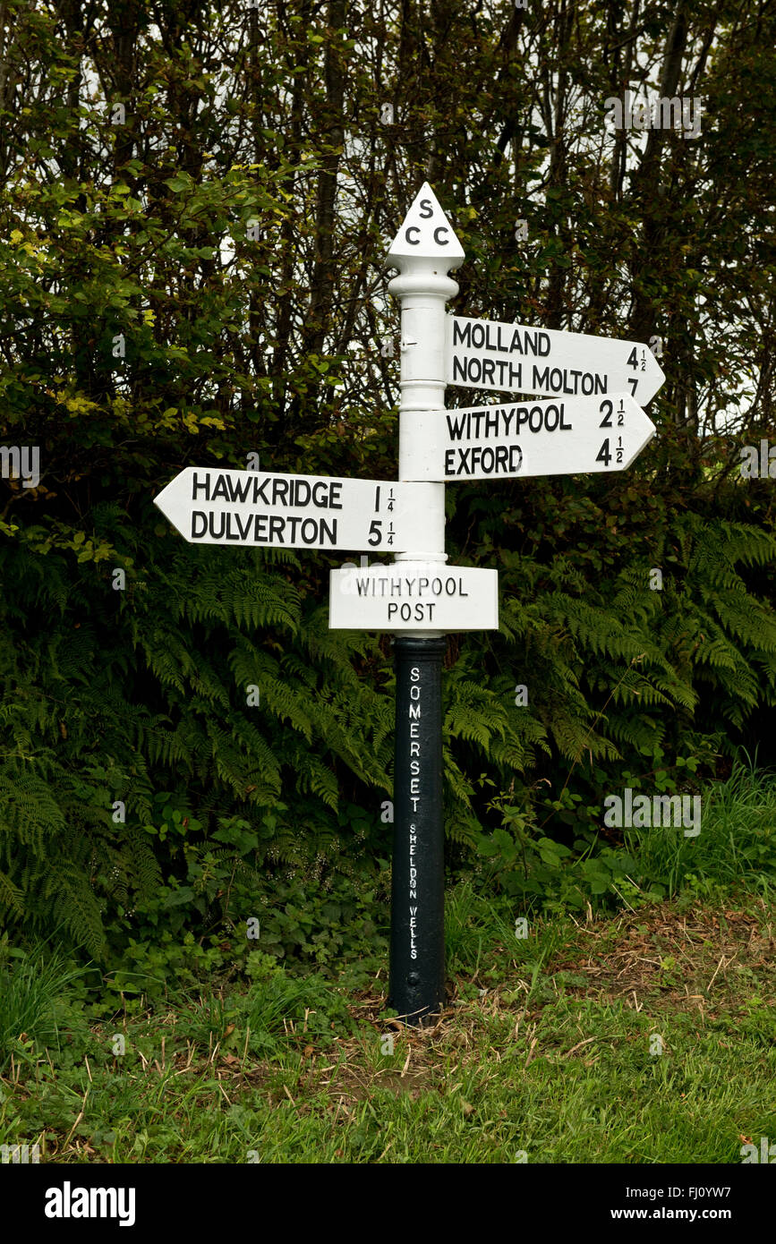 Withypool Post road sign. With direction pointer to local villages including Withypool, Hawkridge, and Molland. Exmoor National Park, Somerset, UK Stock Photo