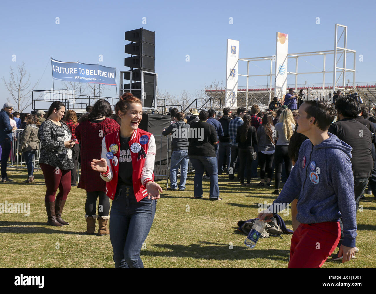 Austin, Texas, USA. 27th Feb, 2016. Supporters of Democratic Presidential candidate Bernie Sanders enjoy the performance of Austin's GRUPO FANTASMA before the candidate was due to speak at a campaign rally just outside Austin, Texas. Credit:  Scott W. Coleman/ZUMA Wire/Alamy Live News Stock Photo