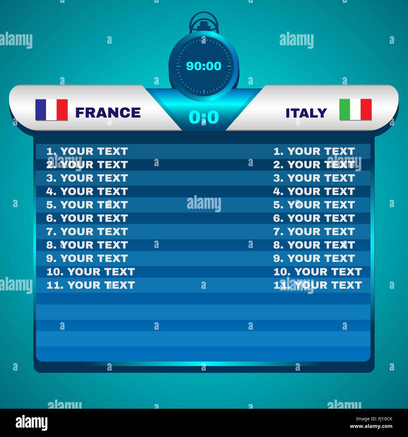 Football Soccer Scoreboard Chart. France versus Italy Team Score