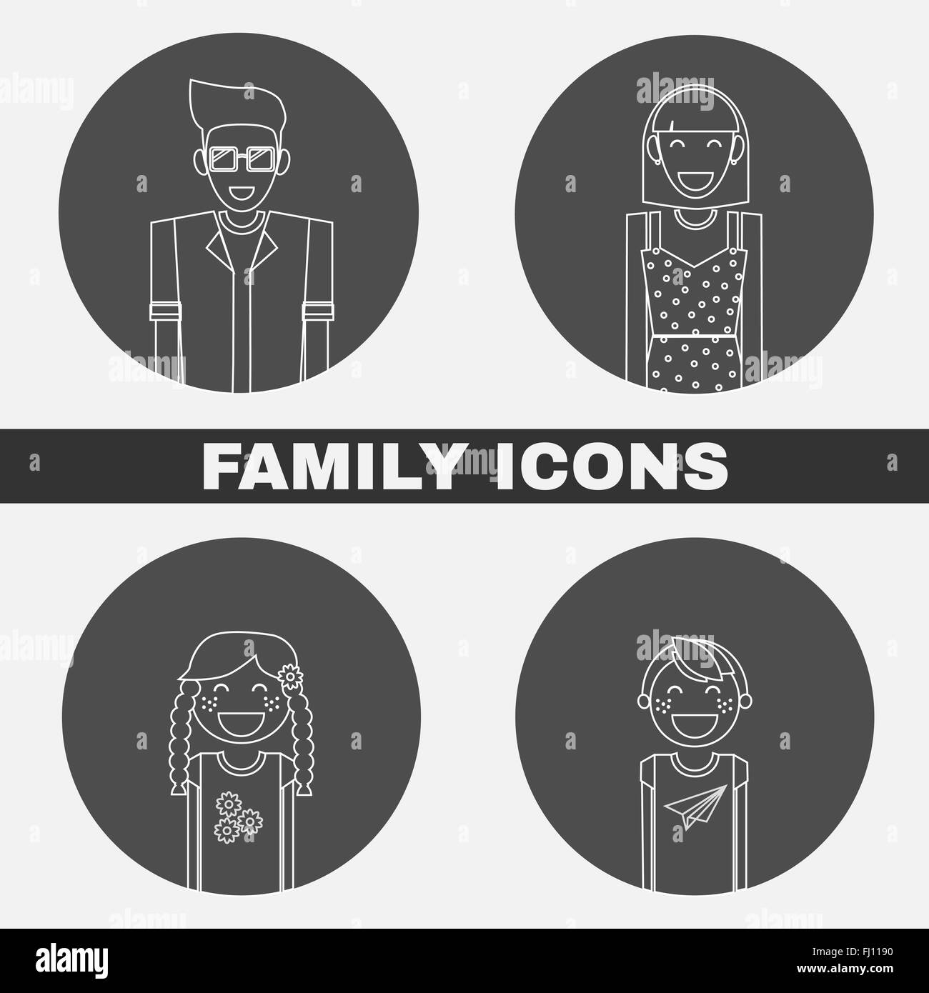 Happy Family concept. Black and white family portrait silhouette icon set. Mother, Father, Kids, Daughter, Son. Stock Vector