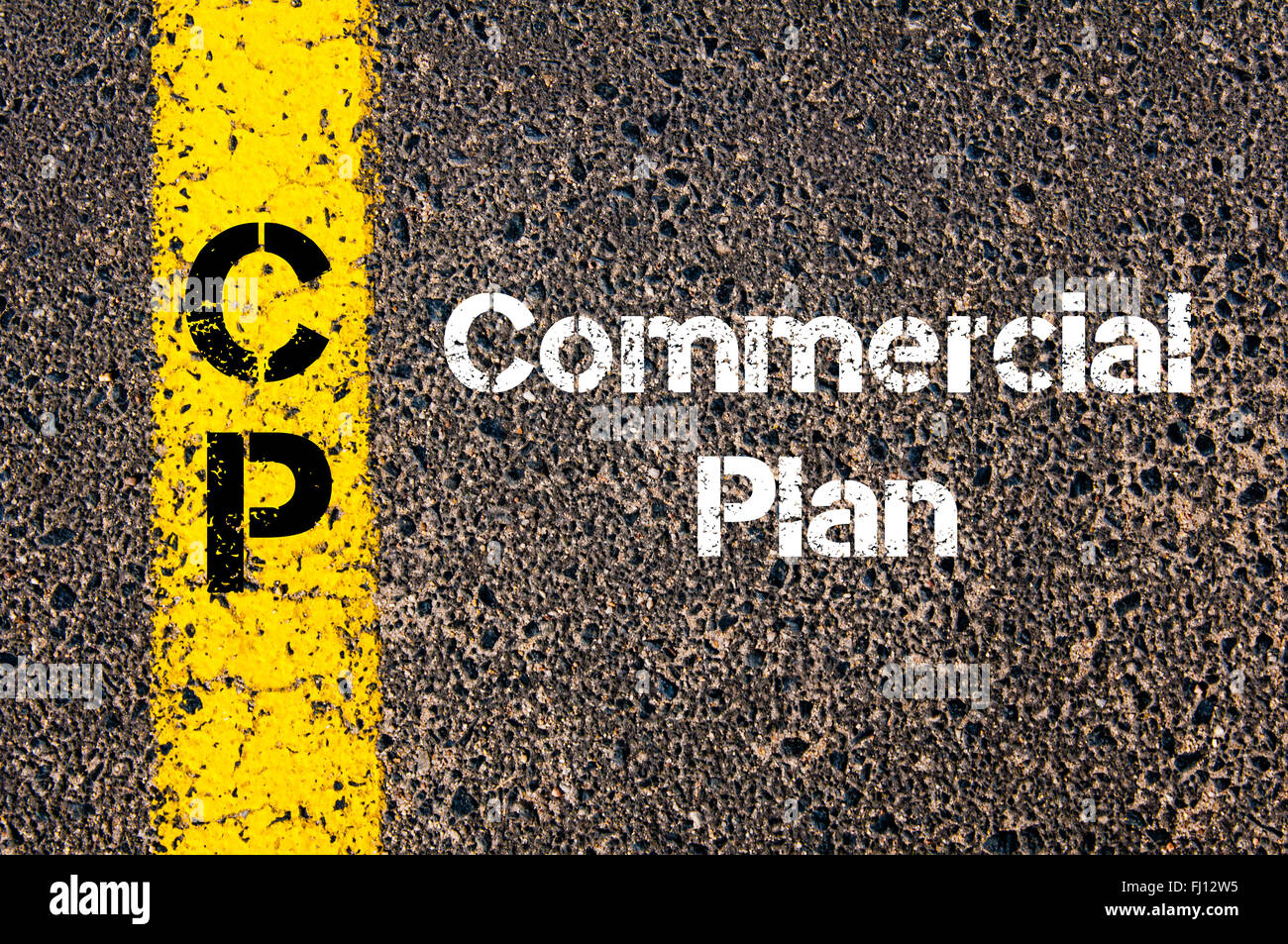 Concept image of Business Acronym CP Commercial Plan written over road marking yellow paint line Stock Photo