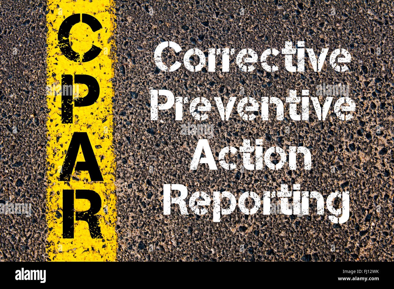Concept image of Business Acronym CPAR Corrective Preventive Action Reporting written over road marking yellow paint line Stock Photo