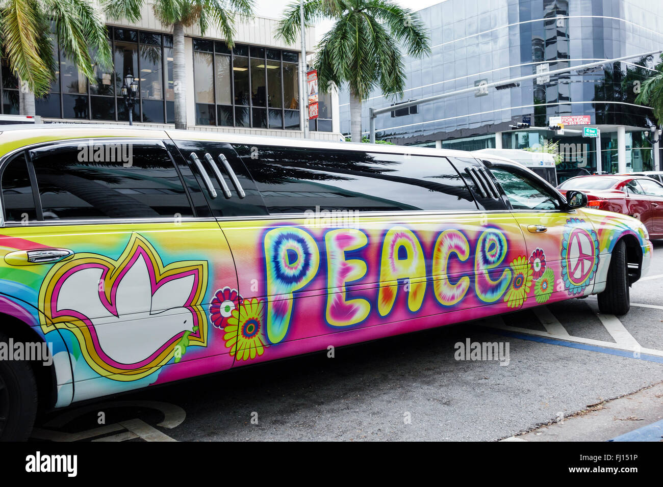 Miami Beach Florida,stretch limousine,peace symbol,hippie,FL160117003 Stock Photo