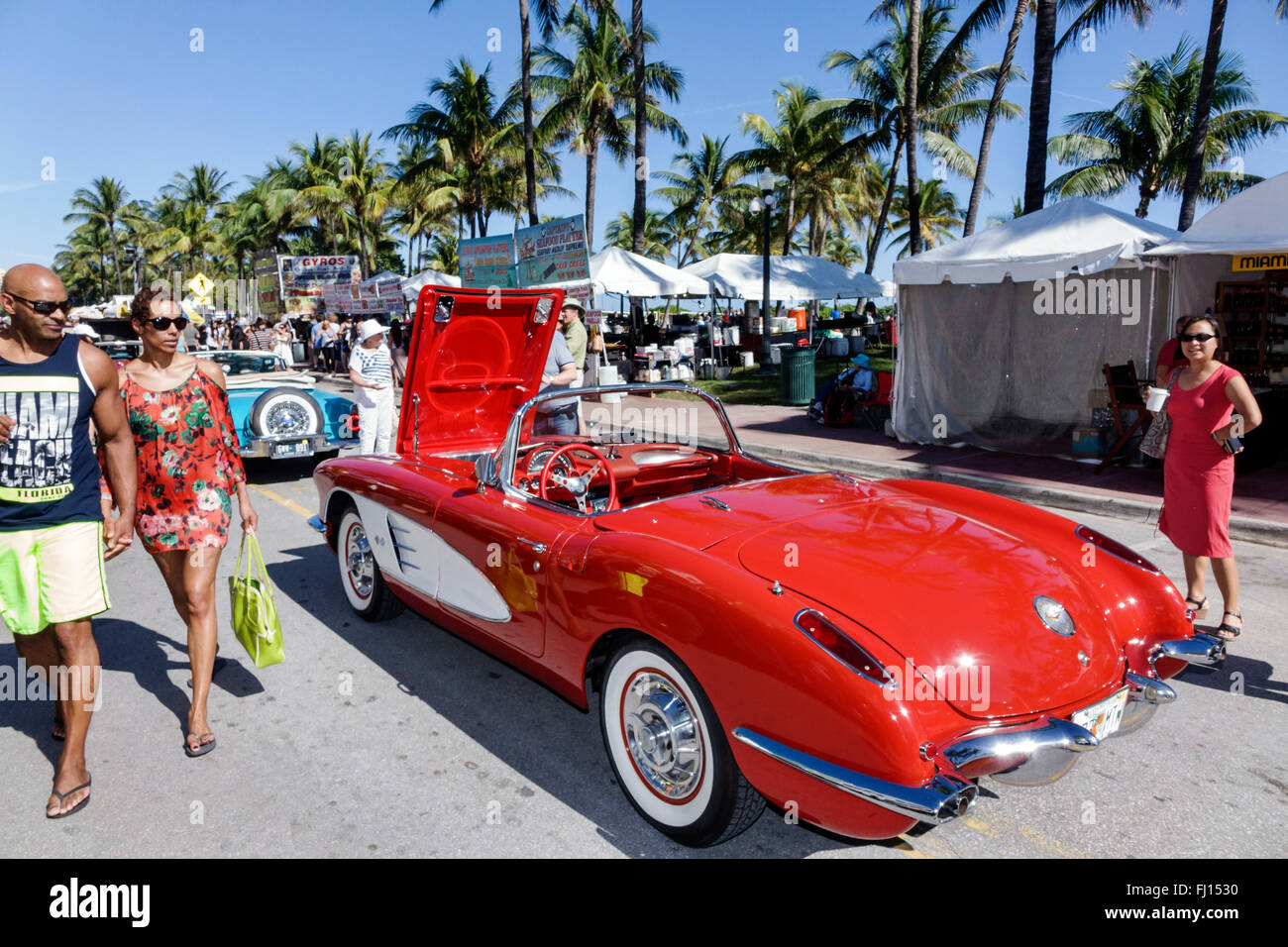 Florida,South,FL,Miami Beach,Ocean Drive,Art Deco Weekend,annual event,fair,festival,Chevy Chevrolet Corvette,red,convertible,classic,antique,car cars Stock Photo