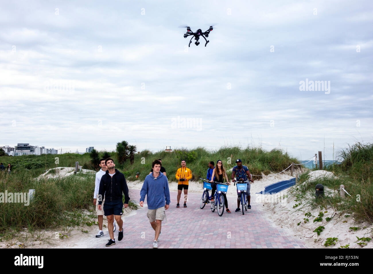 Miami Beach Florida,South Pointe Park,remote controlled drone,flying over,public,FL160117028 Stock Photo