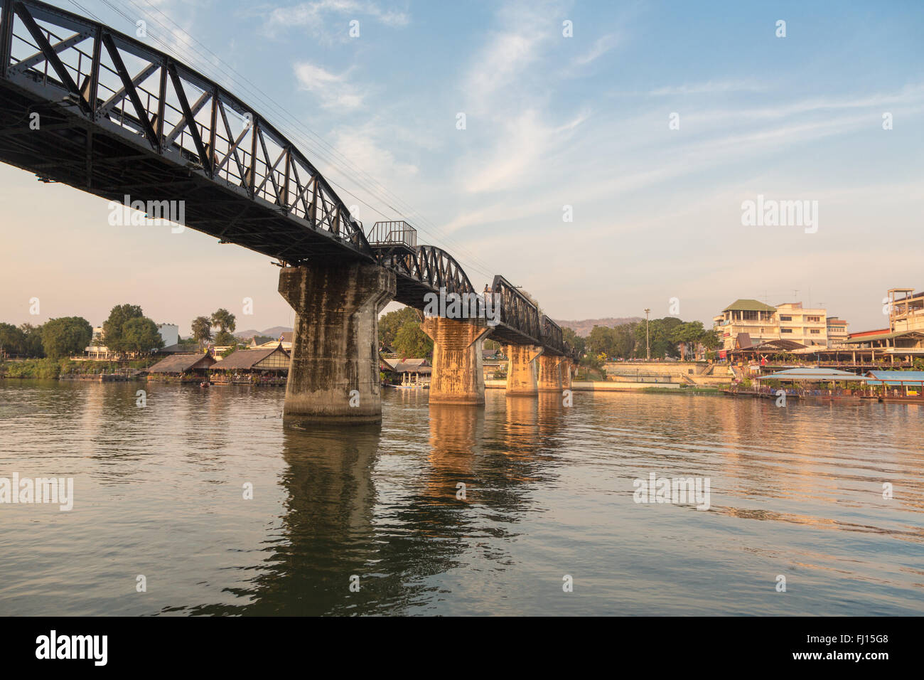 The famous River Kwai bridge in Kanchanaburi, Thailand. The bridge was part of the famous death railways that the Japanses tried Stock Photo