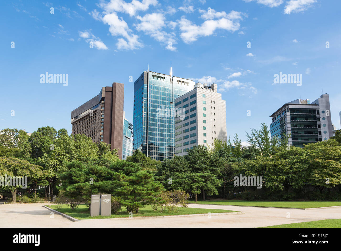 Office building viewed from a public park in Seoul in South Korea capital city. Stock Photo