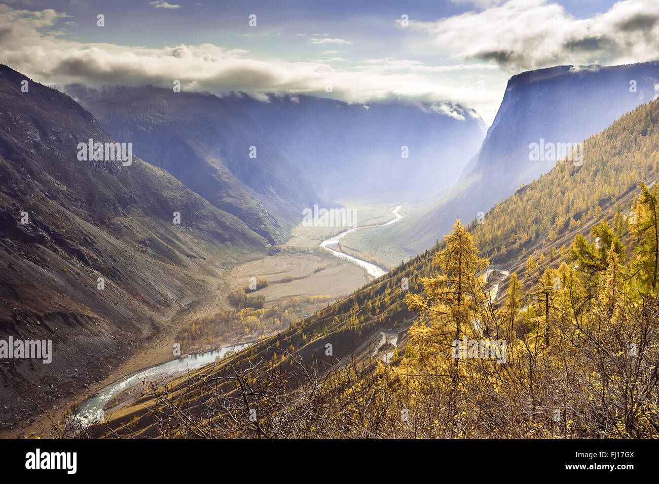 Beautiful landscape with river in the valley in autumn Stock Photo