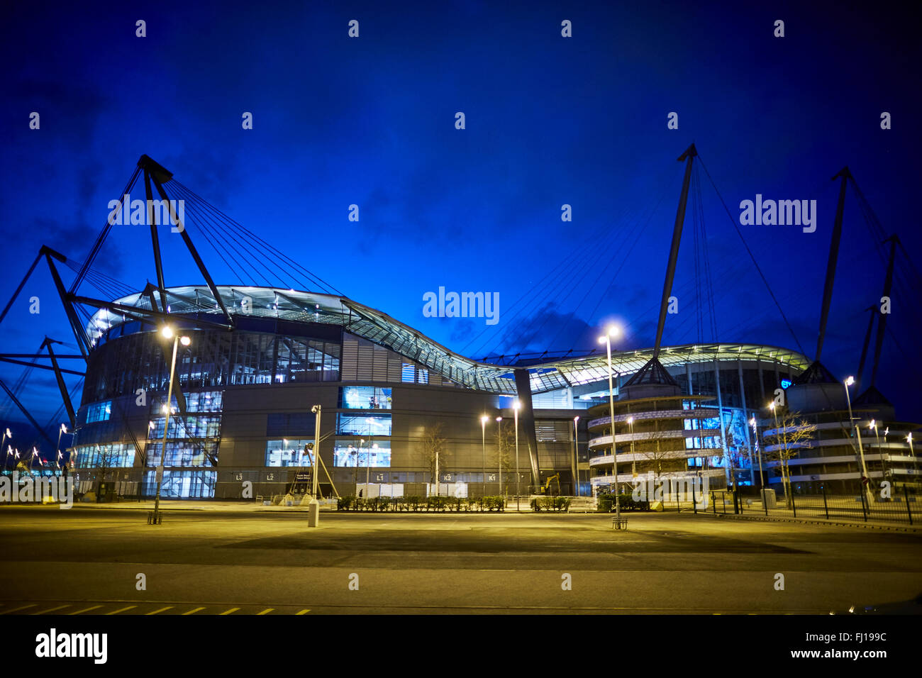 The City of Manchester Stadium in Manchester, England, also known as Etihad Stadium for sponsorship reasons, is the home ground Stock Photo