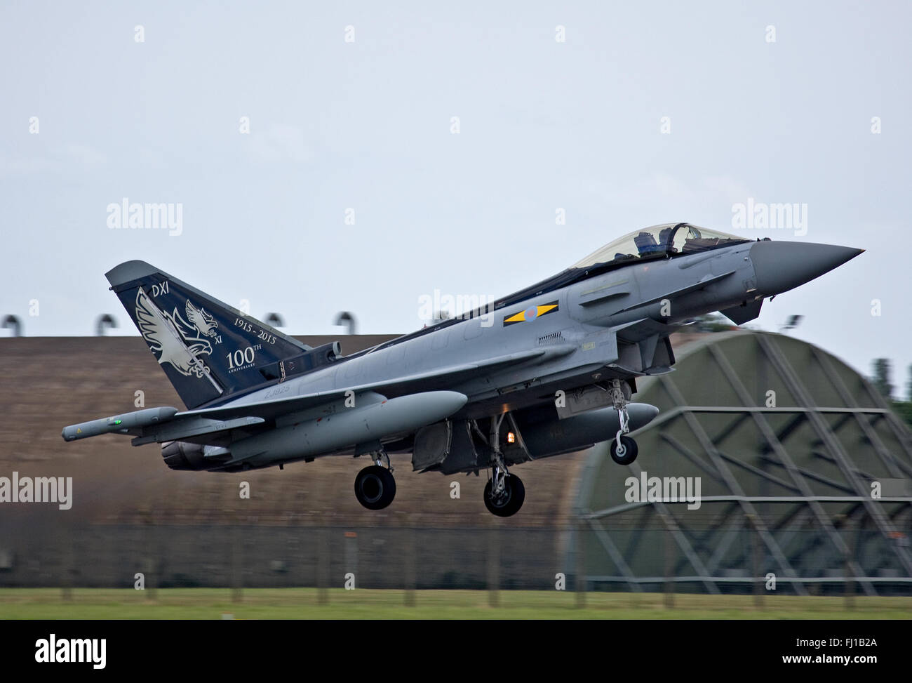 No.11(F) Squadron Centenary marked Typhoon, ZJ925/DXI takes to the air. Stock Photo