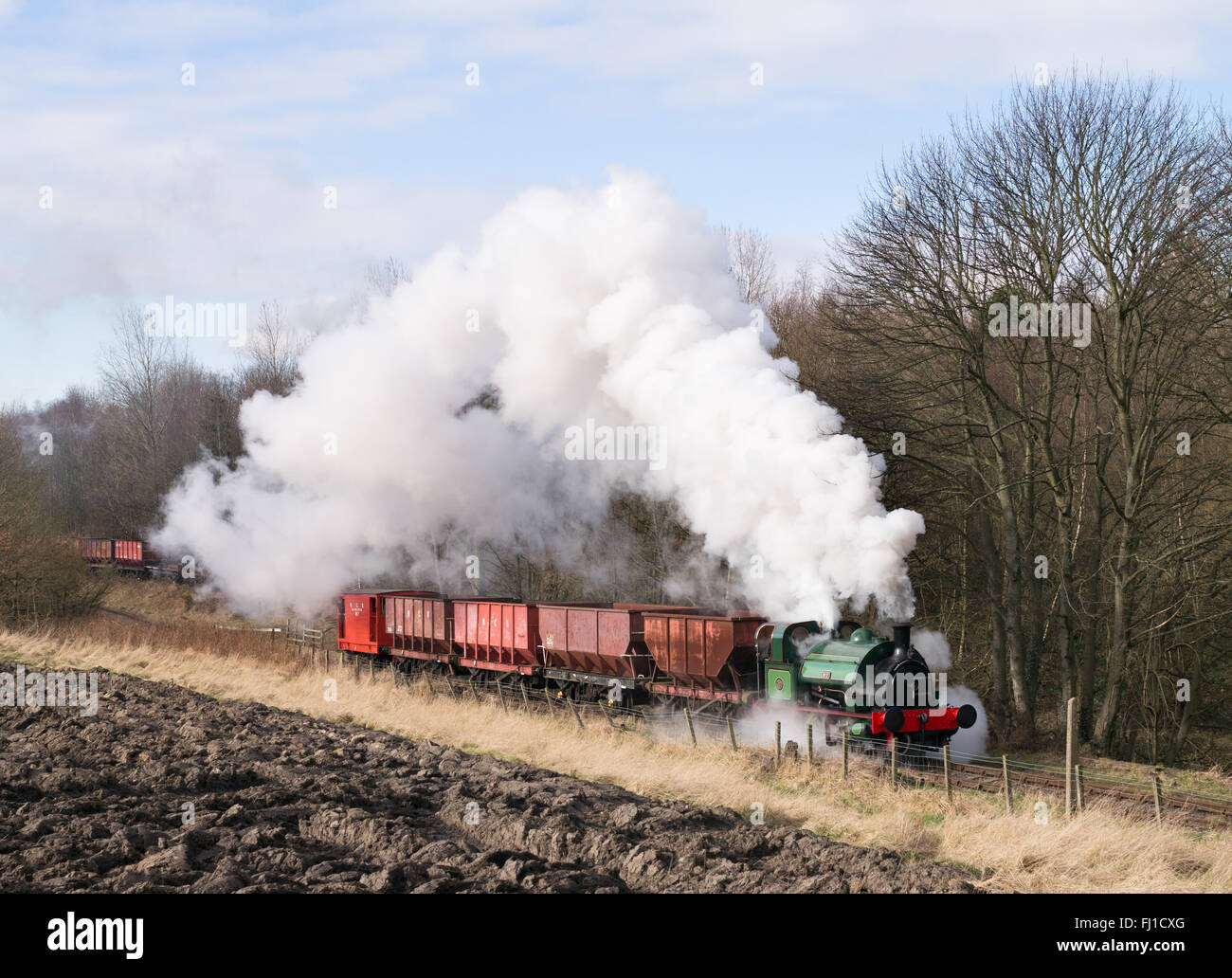 East Tanfield, UK. 28th Feb, 2016. Winter sunshine illuminates the demonstration steam powered coal train on the Tanfield Railway in North East England. Stock Photo