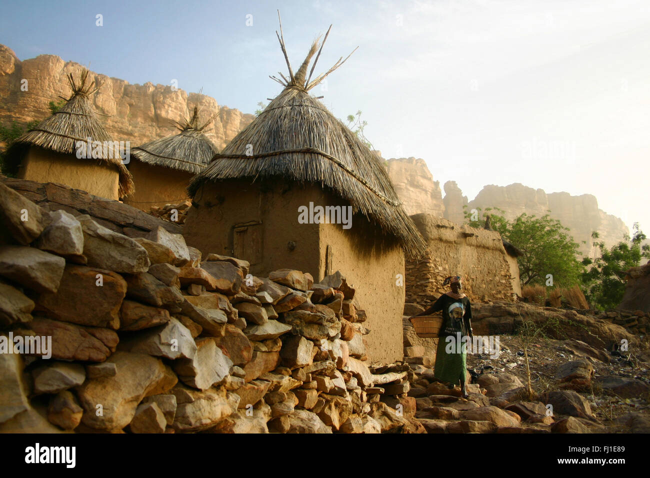 Village and landscape of the Dogon country along the cliff of Bandiagara in Mali Stock Photo