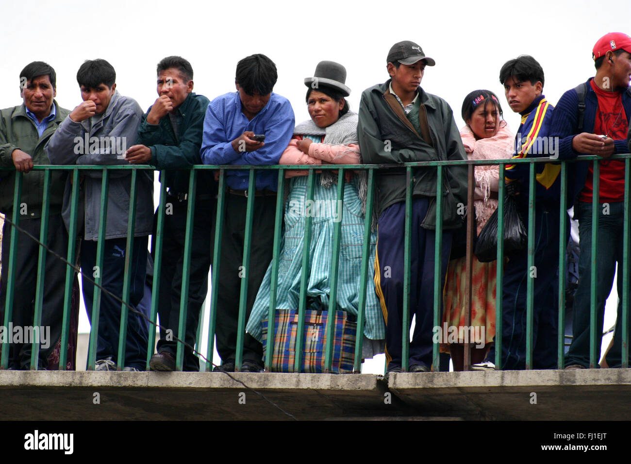 Bolivian people  on a  bridge near La Paz Stock Photo