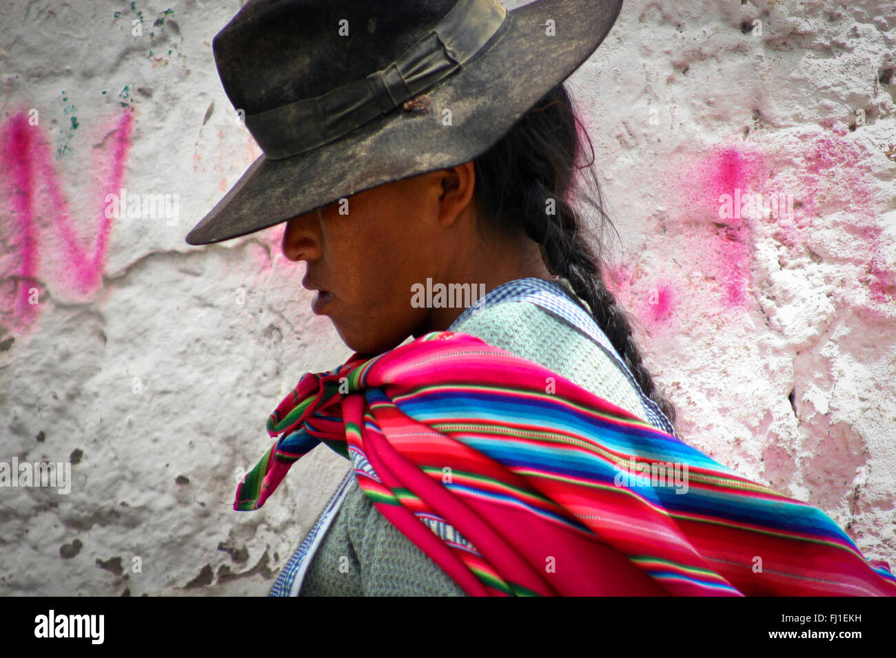 Portrait of woman with traditional hat in Tarabuco, Bolivia Stock Photo