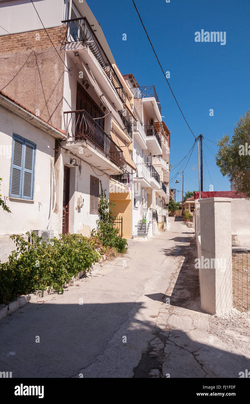 Narrow street in Zante Town, capital city of Zakynhtos, Greece Stock Photo