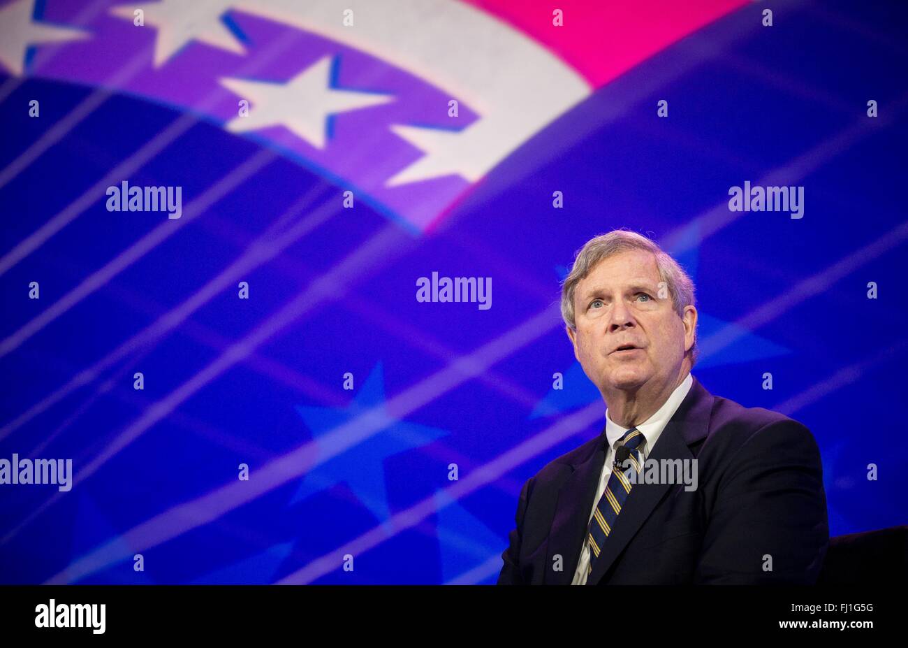 US Agriculture Secretary Tom Vilsack talks about various factors of chronic poverty during the National Association of Counties meeting at the Washington Marriott Wardman Park February 23, 2016 in Washington, DC. Stock Photo
