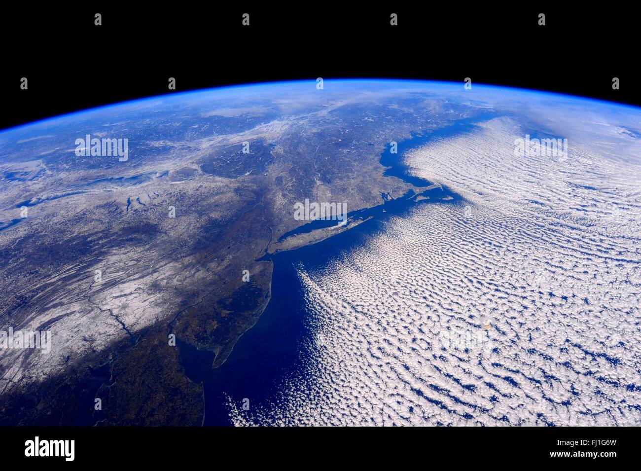 International Space Station view looking down at the polar vortex over the northeastern United States February 14, 2016 in Earth Orbit. Stock Photo