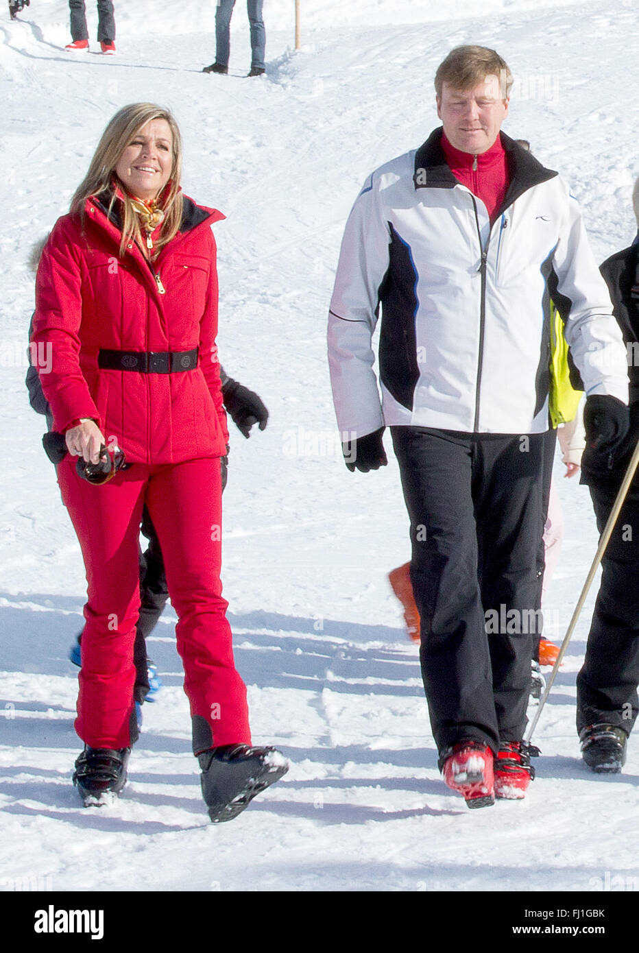 HM King Willem-Alexander and Queen Maxima of the Netherlands are pictured  in Lech, Austria, on February 22, 2016. Her daugther Princess Alexia broke  her leg while skiing on Saturday. She was immediately