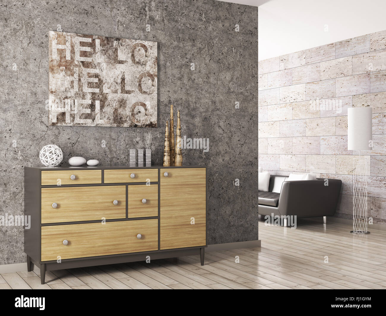 Interior of a living room with wooden cabinet against concrete wall 3d render Stock Photo