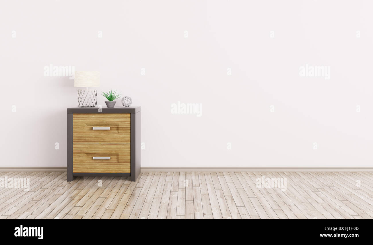 Interior of a room with wooden cabinet over white wall 3d render Stock Photo