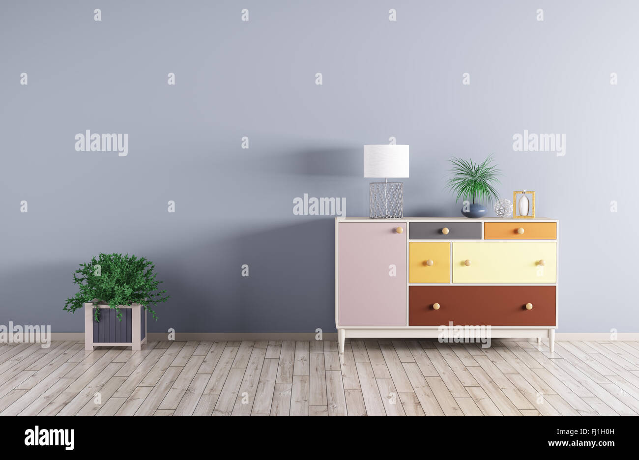 Interior of a room with cabinet and plant over blue wall 3d render Stock Photo