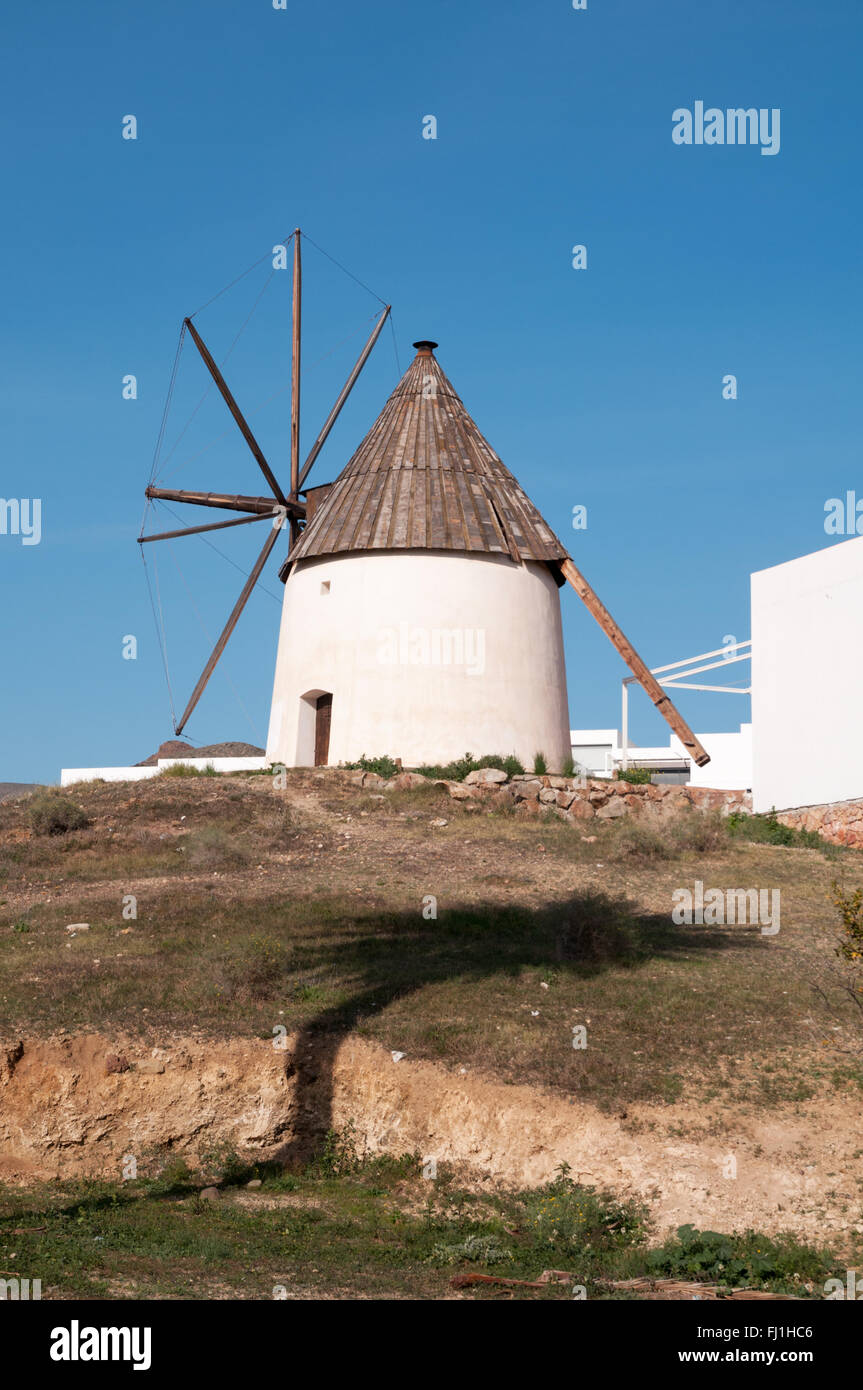 Wind powered water mill in the Spanish village of Las Negras, in the Cabo de Gata National Park, Almeria, Spain Stock Photo