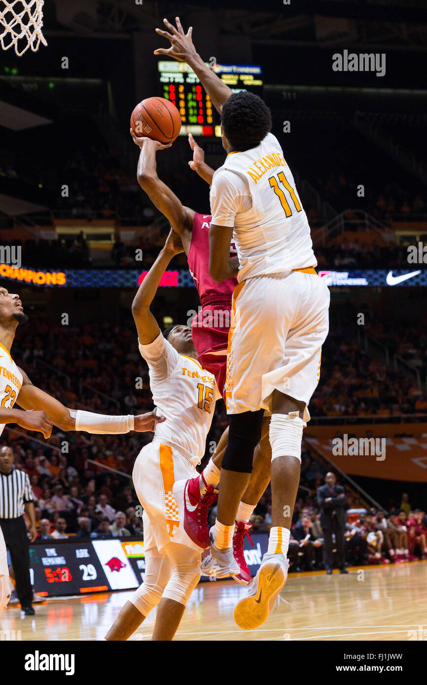 February 27, 2016: Kyle Alexander #11 of the Tennessee Volunteers defends the shot of Keaton Miles #55 of the Arkansas Razorbacks during the NCAA basketball game between the University of Tennessee Volunteers and the University of Arkansas Razorbacks at Thompson Boling Arena in Knoxville TN Tim Gangloff/CSM Stock Photo