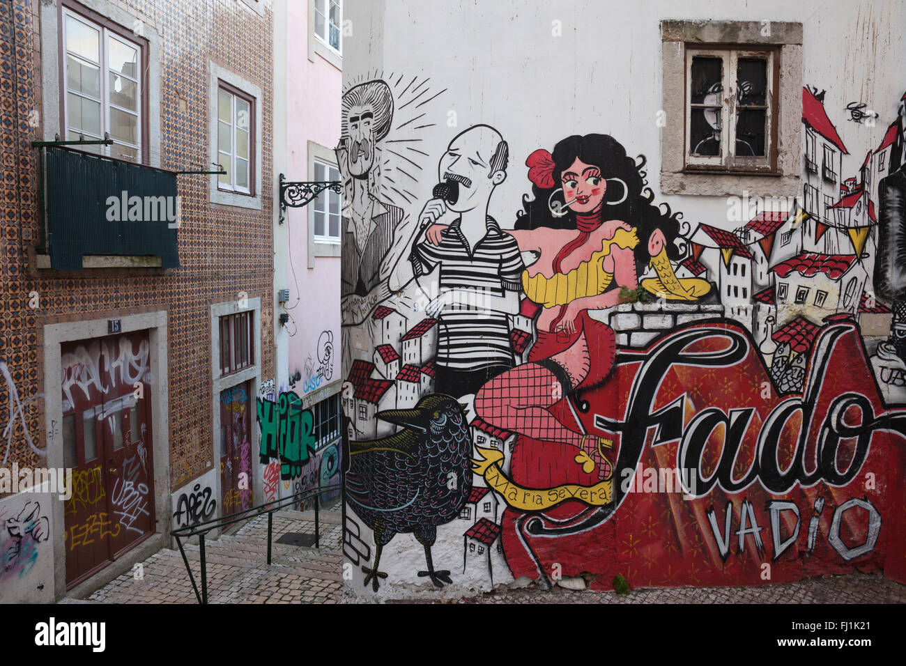 Portugal, city of Lisbon, Fado Vadio mural, graffiti, traditional music theme, street art at Escadinhas de Sao Cristovao Stock Photo