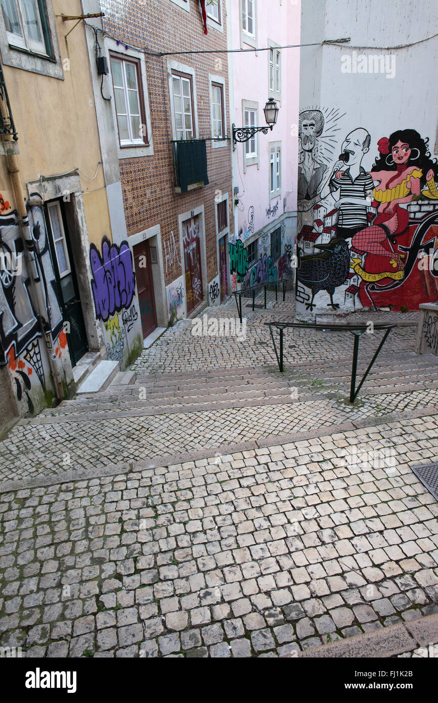 Portugal, city of Lisbon, stairs of  Escadinhas de Sao Cristovao, Fado Vadio mural Stock Photo