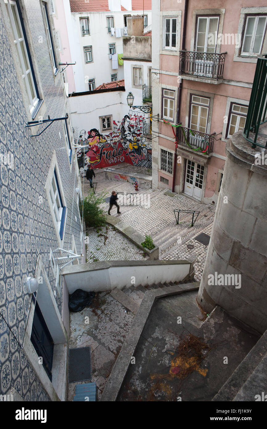 Portugal, city of Lisbon, stairs and houses at Escadinhas de Sao Cristovao, Fado neighbourhood Stock Photo