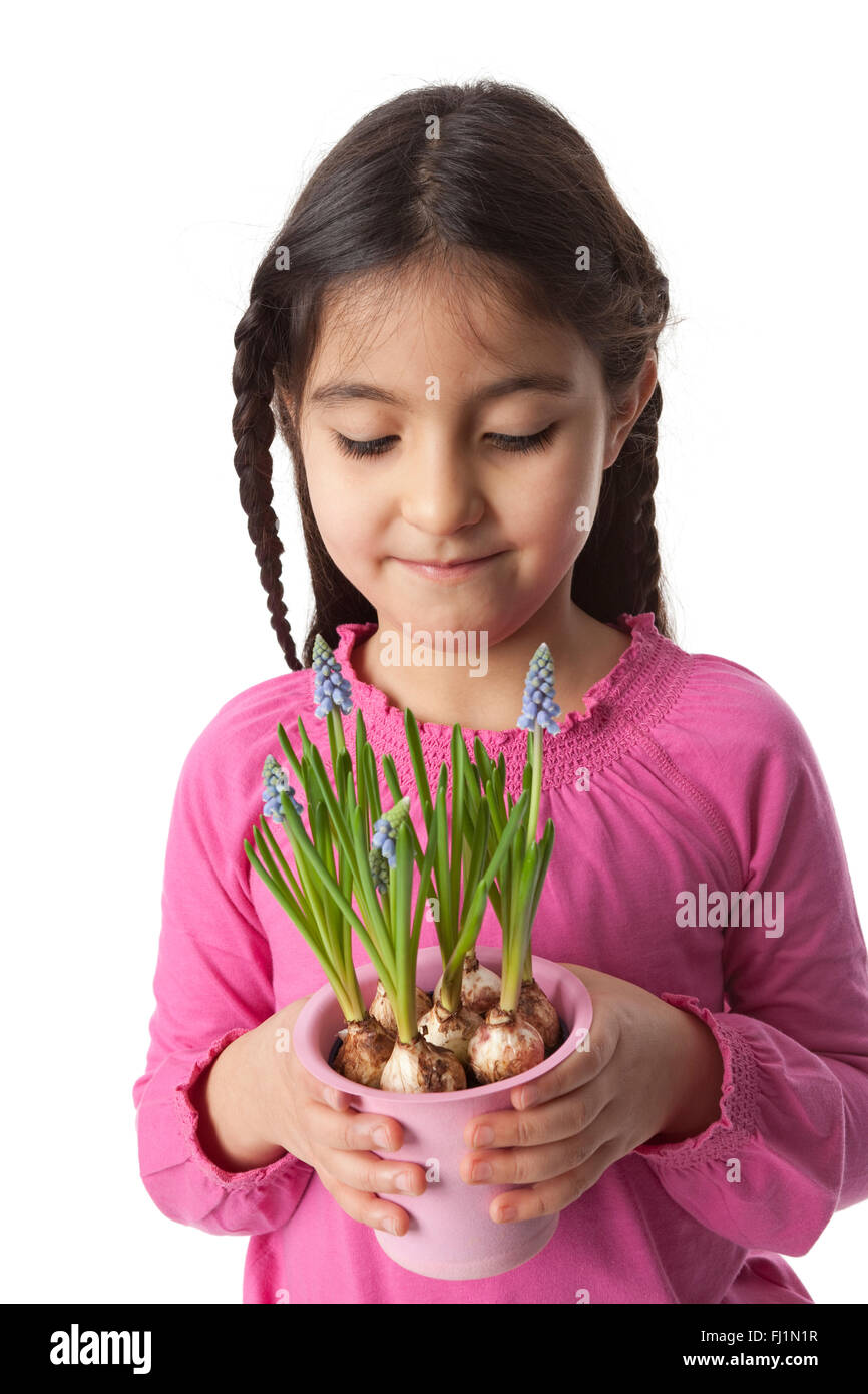 Little girl with a pot of muscari bulbs on white background Stock Photo