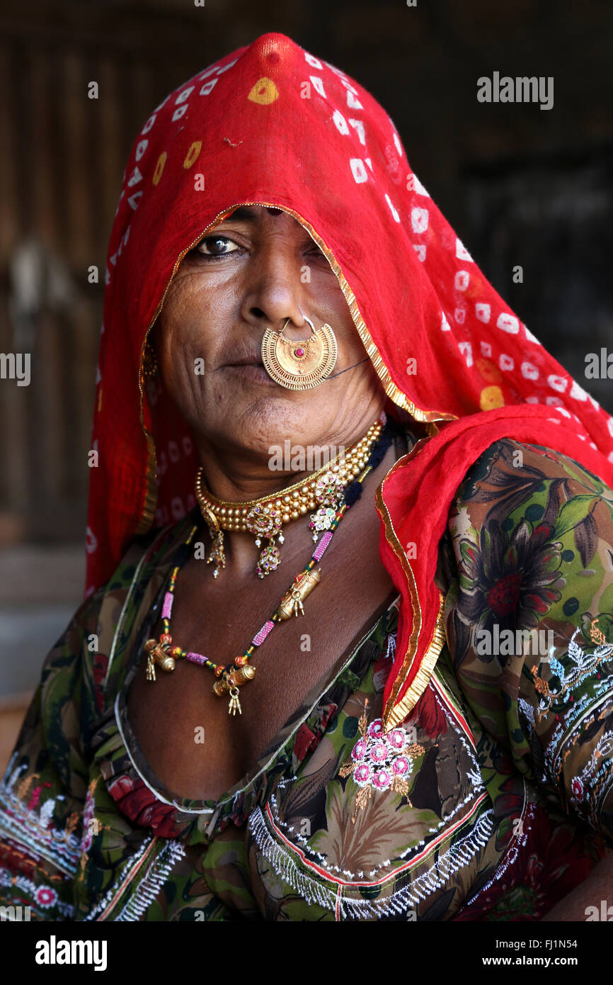 Gujarati woman with nose ring and traditional dress near Bhuj , India Stock Photo