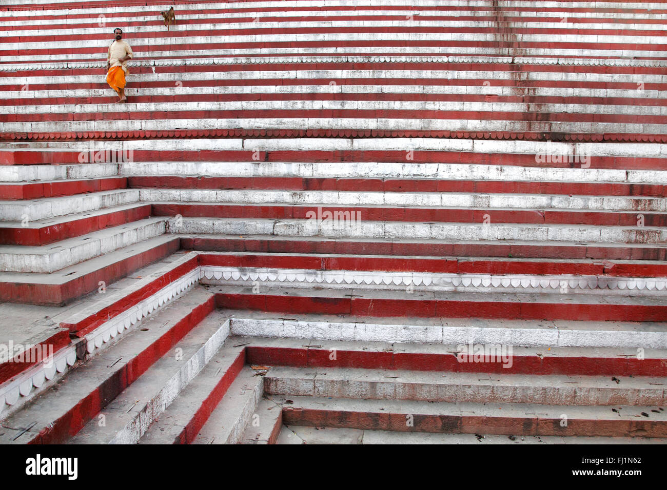 Man walks alone with dog on the steps of Kedar ghat, Varanasi , India Stock Photo