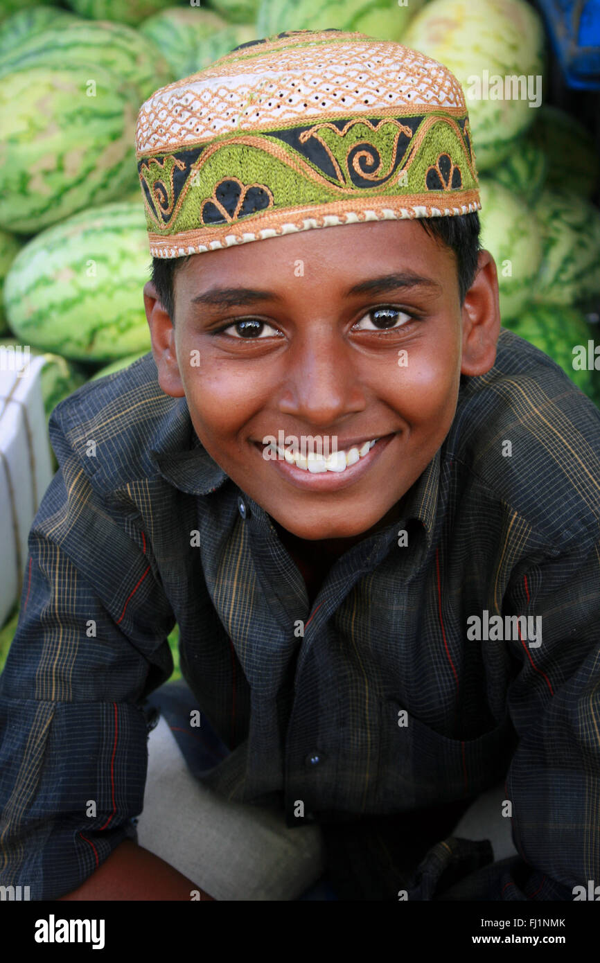 Muslim kid wearing Taqiyah (cap) in Hyderabad , India Stock Photo