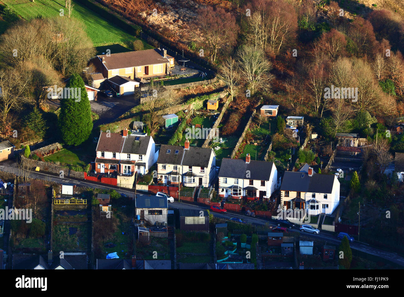 Aerial view of semi detached cottages in Treherbert, Rhondda Fawr valley, Mid Glamorgan, Wales, United Kingdom Stock Photo
