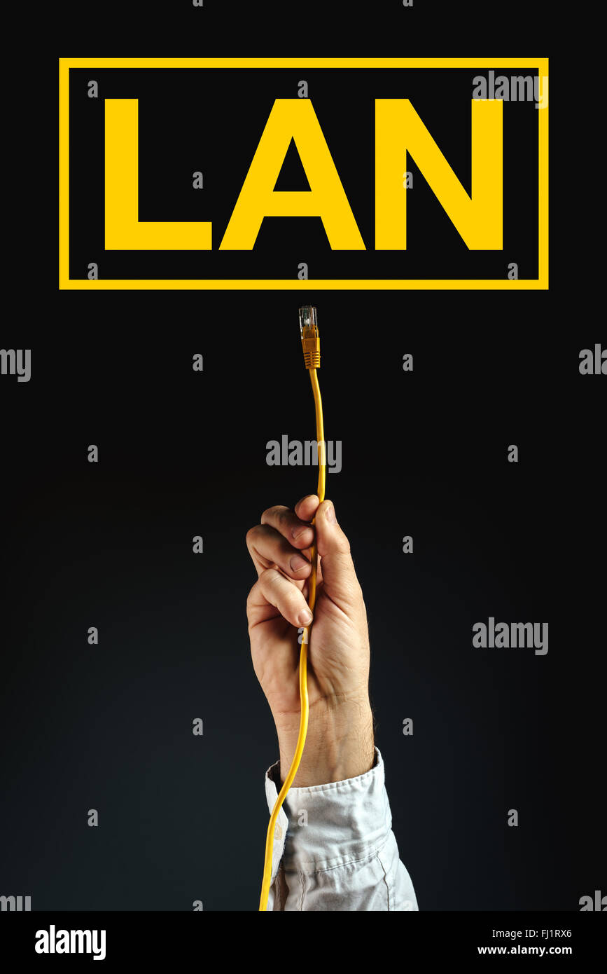 Businessman plugging LAN cable to connect to local area network