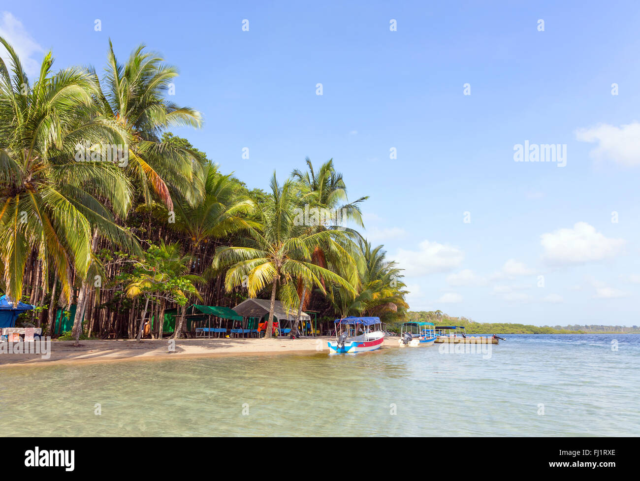 Boats at the Starfish beach, archipelago Bocas del Toro, Panama Stock Photo