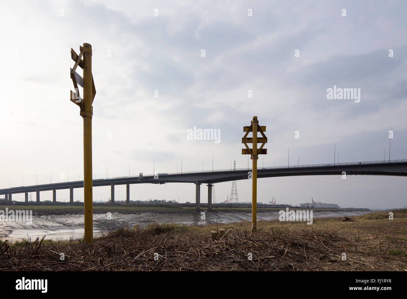 The M5 motorway bridge over the river Avon at Portbury Docks near Bristol with unusual signs. Stock Photo